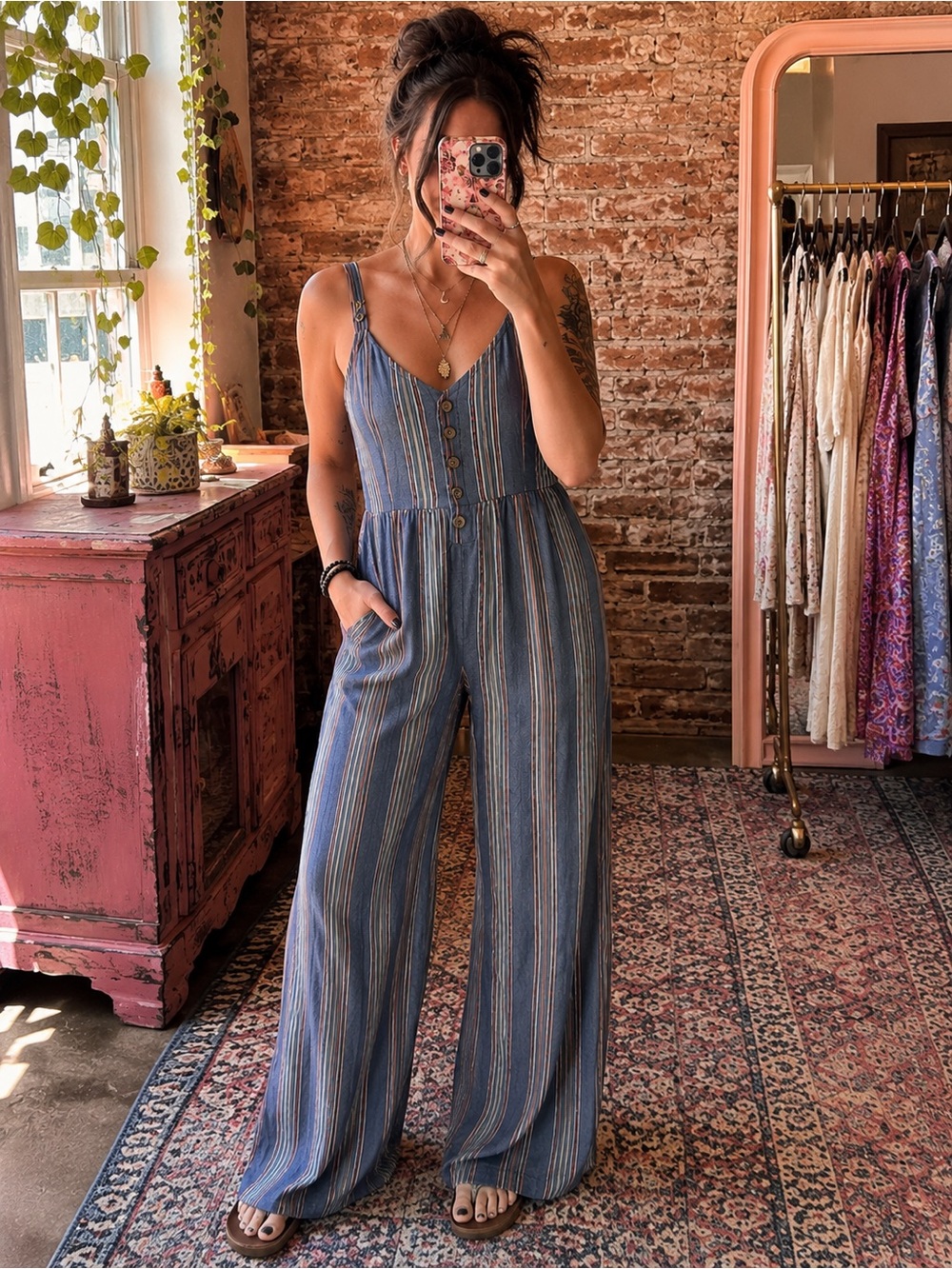 American Eagle Outfitters Blue Striped Button-Front Wide-Leg Jumpsuit